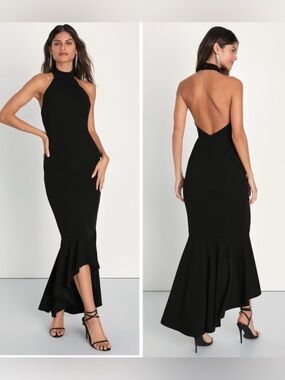 Lulus Elegant Grace Black Tiered Halter High-Low Maxi Dress NWT Medium